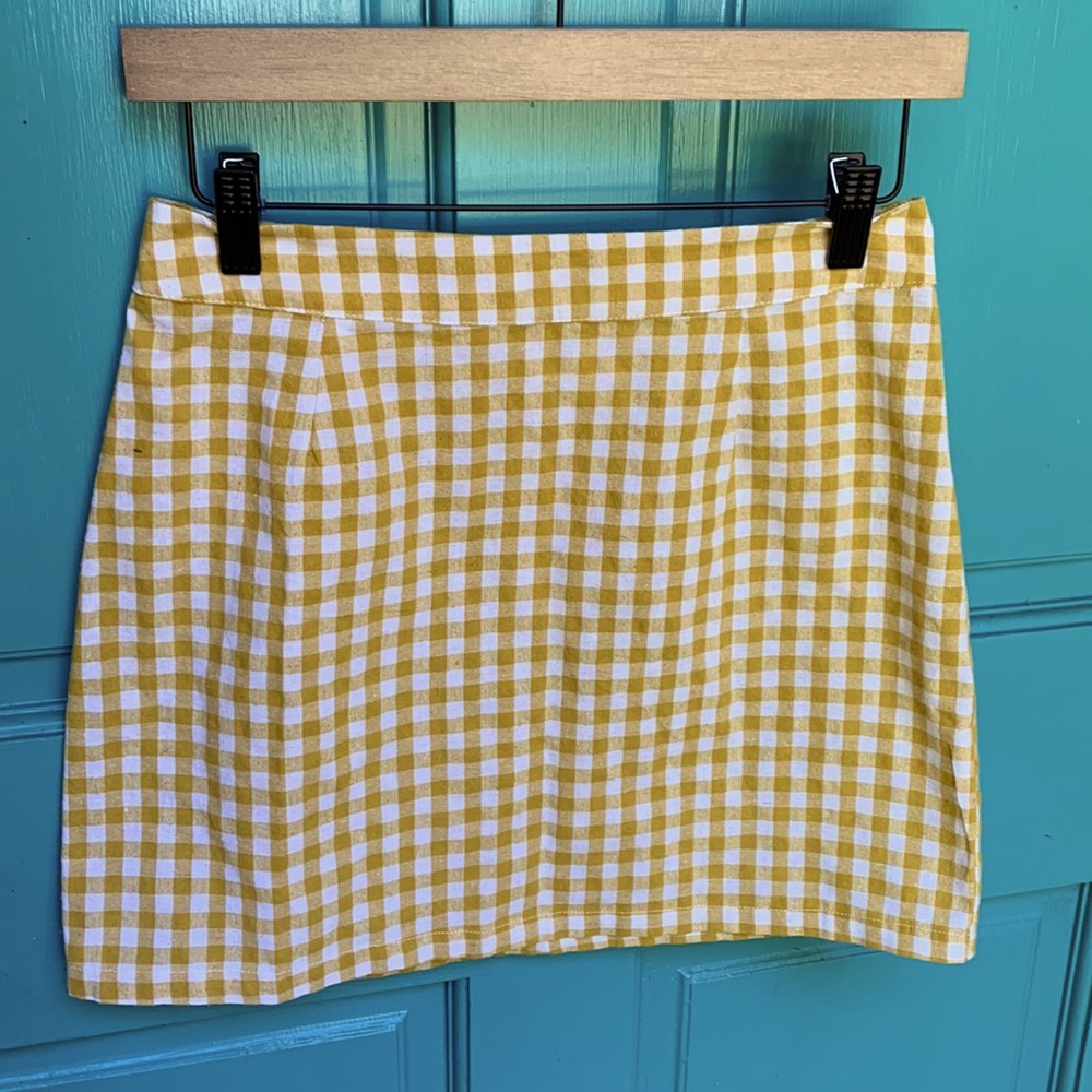 Libby Story White Gold Mustard Checked Plaid Skirt Size Small S